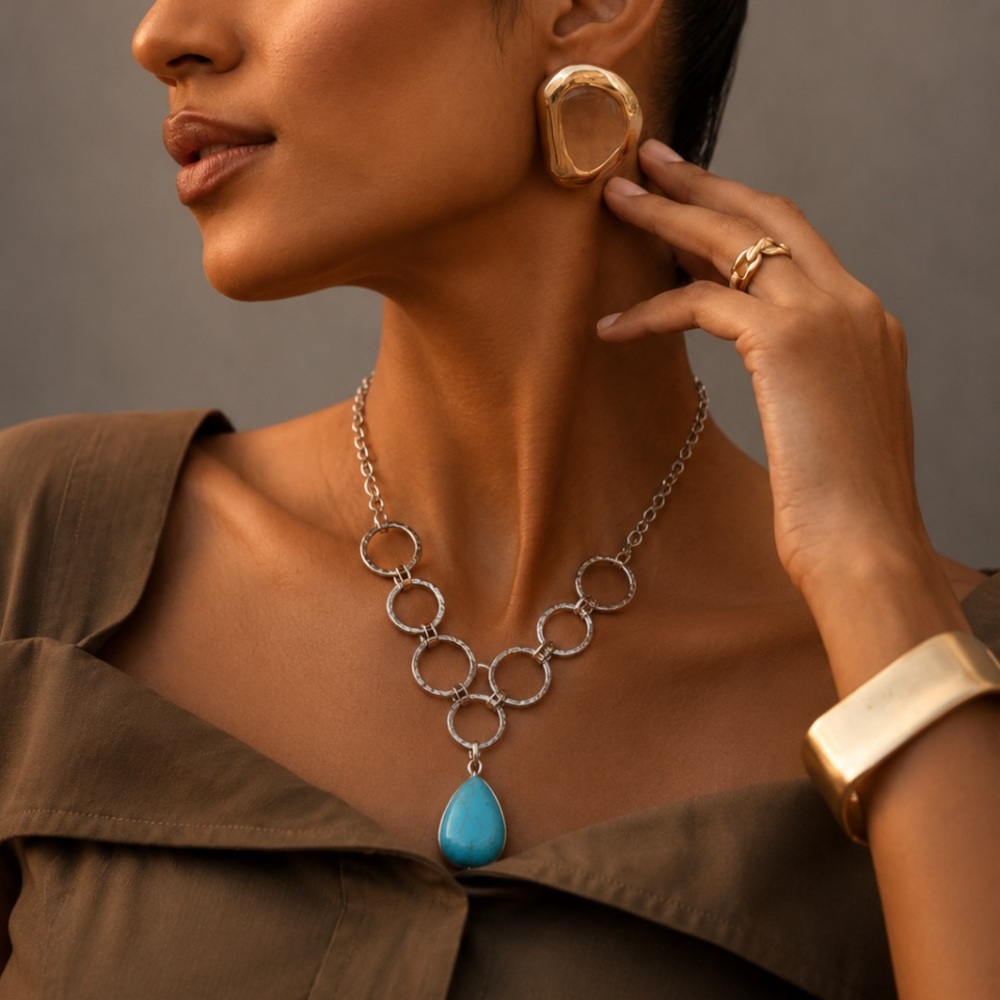 Silver Chain Necklace with Turquoise Teardrop Pendant